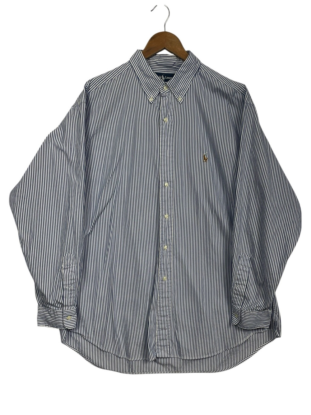 Vintage Ralph Lauren Yarmouth Blue White Striped Oxford Shirt Size 17.5-35